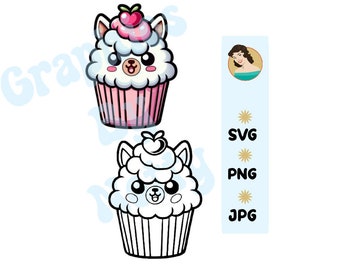 Kawaii Alpaca Cupcake Jpeg/Svg/PNG  format Commercial use Digital Stamp Outlines