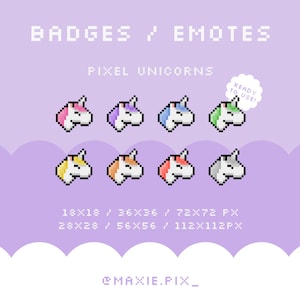 Odznaki Twitch / Pixel Art / Odznaki Cute Unicorn Bit Sub / Emotikony / Punkty kanału