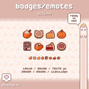 May include: Pixel art emotes and badges with an autumn theme. The image features various icons, including a coffee cup, bear-shaped cookie, pumpkin, and slices of pie. Text includes "badges/emotes", "autumn", and "ready to use!"