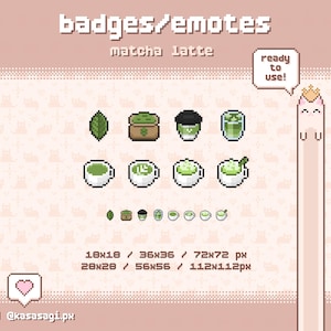 May include: Pixel art badges and emotes featuring matcha latte-themed designs. The image includes a variety of pixelated icons, such as a green tea leaf, matcha powder, and different matcha latte cups. Text includes "badges/emotes", "matcha latte", and "ready to use!"