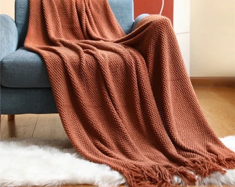 Terracotta Tassel Throw Blanket | Desert Style Throw Blanket | Bohemian style sofa blanket | Knitted throw blanket with tassels