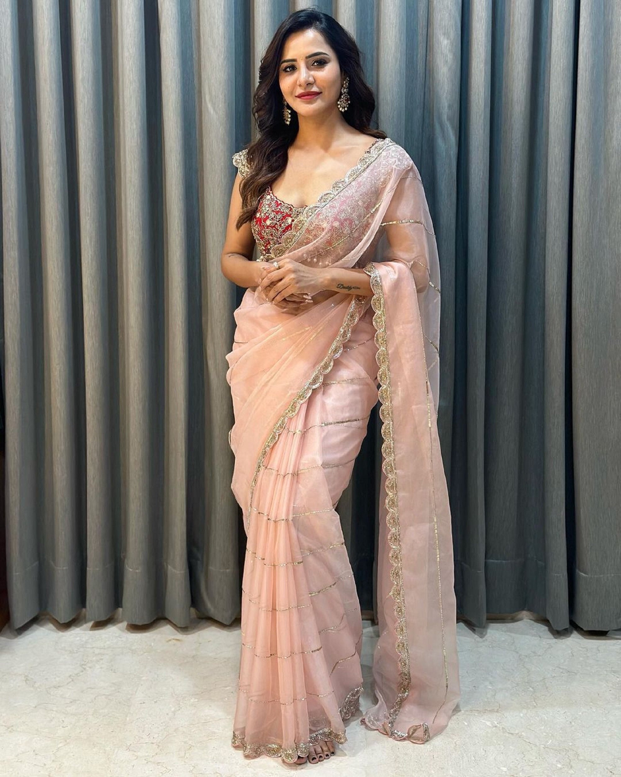 Saree Look For Wedding Party for Girl in Pink Colour