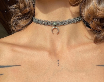 silver vitosha choker green / macrame choker / macrame necklace