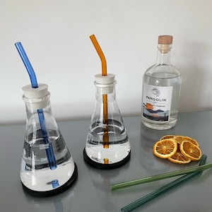 Lab flask chemistry drinking glasses handmade home decor quirky apothecary science cocktails water hand-blown glass straws various colours
