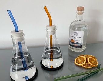 Lab flask chemistry drinking glasses handmade home decor quirky apothecary science cocktails water hand-blown glass straws various colours