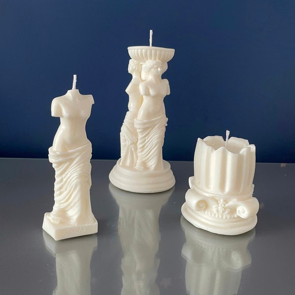 Venus Göttin der Liebe griechische römische Säulenstatue 3er Set antike Skulptur Kerze | Handarbeit Wohndekor 15cm