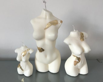 Large female body torso candle set gold leaf flakes foil / fragranced soy wax handmade home decor