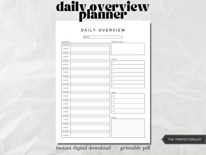 Printable Daily Overview Planner Simple Clean 24-hour - Etsy