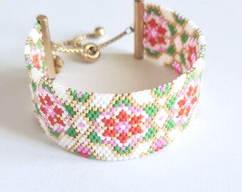 Bracelet Manchette Perles Miyuki Fait Main - Monture Argent Sterling, Style Tissage - Neuf Sans Emballage