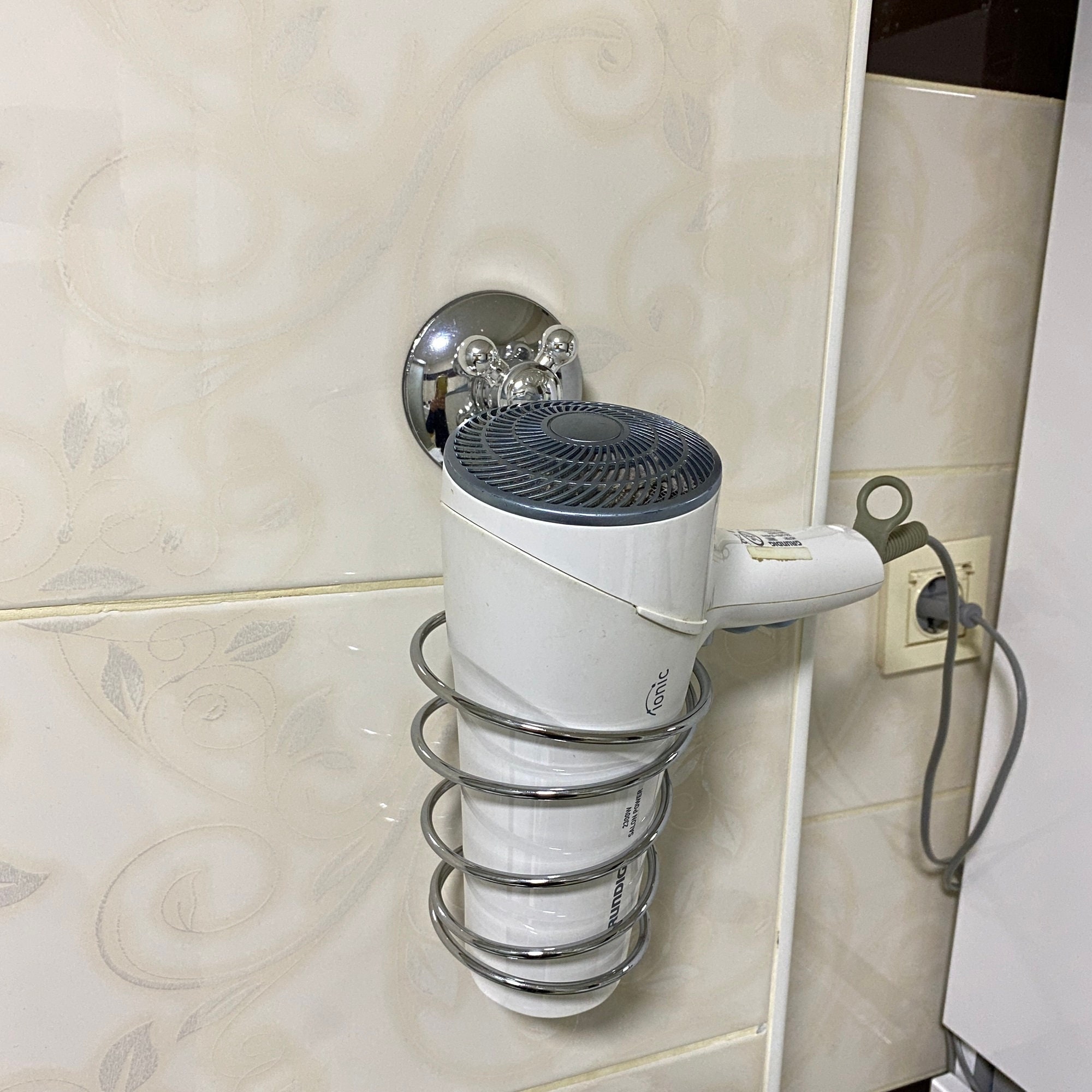 Self Adhesive Metal Hair Dryer Holder, Wall Mounted Rack Bathroom