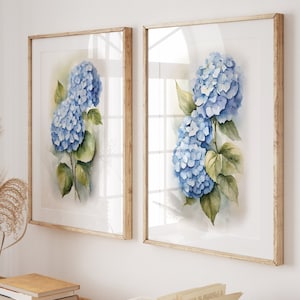 Blue Hydrangea Watercolor Prints - Set of 2, Floral Wall Art, Botanical Flower Art - Printable Digital Download