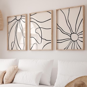 Minimalistische Blumenlinie Kunst 3er-Set, Botanische Wandkunstdrucke, digitaler Download, moderne Blumenzeichnungen, neutrales Dekor, Galeriewandkunst
