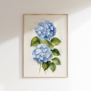 Blue Hydrangea Poster Print, Watercolor Floral Wall Art, Botanical Flower Art - PRINTABLE Digital Download