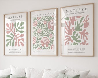 Blush Pink & Sage Green Matisse Prints Set van 3, Groen Roze Muurkunst, Galeriemuurset, Digitale Download