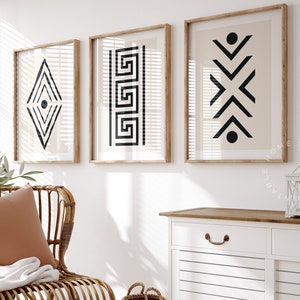 African Art Print Set of 3, Ethnic Tribal Black Beige, Africa Wall Art, Rug Wall Art, Digital Download