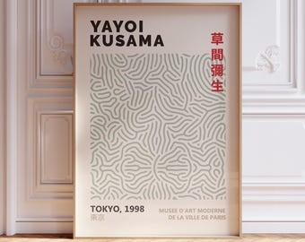Yayoi Kusama Ausstellungsplakat, Salbeigrüne Infinity-Netze Druck, Japandi minimalistische Wandkunst, neutrales modernes Dekor, digitaler Download