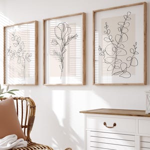 Botanical Line Art Set of 3 Prints - Minimalist Neutral Wall Art - Boho Plant Line Drawing - Scandinavian Digital Download Decor