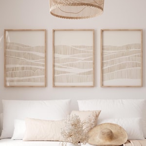 Minimalist Neutral Wall Art Set of 3, Abstract Wavy Hatch Prints, Digital Download, Beige Line Graphic, Earth Tone Gallery Poster