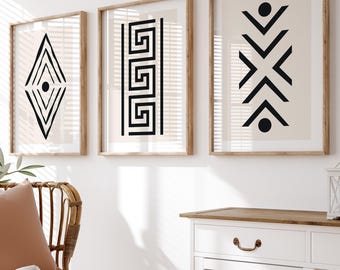 Modern Tribal Wall Art Set of 3 – Black & Beige Minimalist Prints for Stylish Living Room