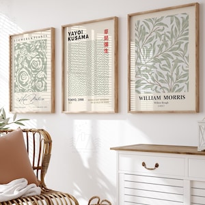 Sage Green Wall Art Set of 3 Prints, Matisse Print, Flower Market Poster, William Morris Print, Yayoi Kusama Print Set, 3 Piece Wall Art