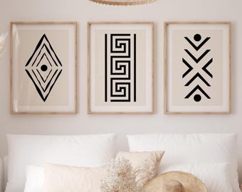 Black Geometric Wall Art Set of 3, Tribal Aztec Line Prints, Boho Western Decor, Printable Triptych, Digital Download