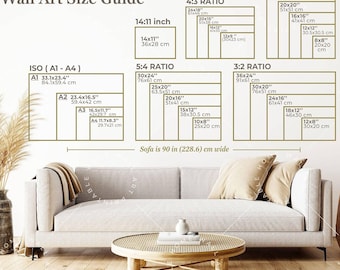 Può includere: Una guida alle dimensioni delle opere d'arte da parete con dimensioni in pollici e centimetri per vari rapporti, tra cui ISO (A1-A4), 14:11 pollici, 5:4, 4:3, 3:2 e 1:1. Un divano, un vaso con piante essiccate e oggetti decorativi sono in primo piano.