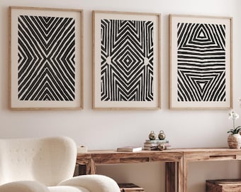 Abstract African Line Art Set, Minimal Afrocentric Wall Prints, Modern Geometric Neutral Home Decor, Trio Digital Download