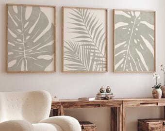 Salbei grüne botanische Wandkunst 3er Set, Monstera Palmenblätter, minimalistische tropische Galerie, Boho Zimmer Dekor, digitaler Download