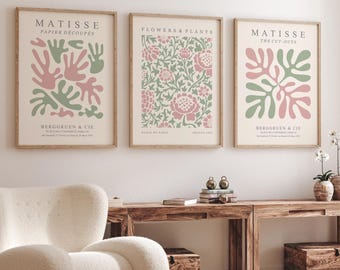 Matisse Prints Set of 3, Blush Pink & Sage Green Wall Art, Gallery Wall Decor, Boho Digital Download Print Set