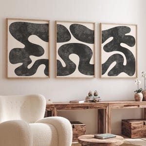 Conjunto de 3 láminas minimalistas de arte mural, láminas abstractas orgánicas en negro, decoración Japandi Wabi Sabi, tríptico imprimible, descarga digital.