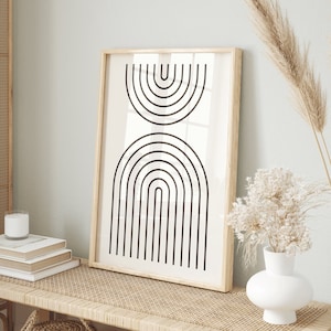 Schwarzer Bogen Digitaldruck, Mid Century Bogen Linie Kunst, moderne geometrische Kunst, Regenbogen moderne Wandkunst, DRUCKBAR