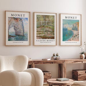 Monet Wall Art Set of 3 Prints - Claude Monet Printable Art - Impressionist Garden and Coastal Scenes - Digital Download