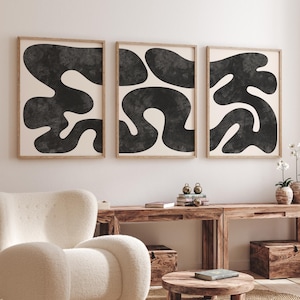 Trípticos abstractos negros: formas orgánicas minimalistas (descarga digital)