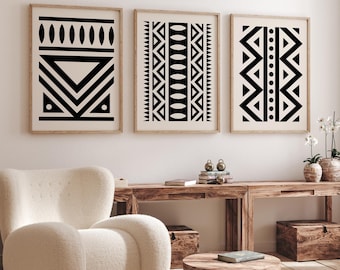 Geometric Mudcloth Art Print Set: Black & Beige African Decor (Digital Download)