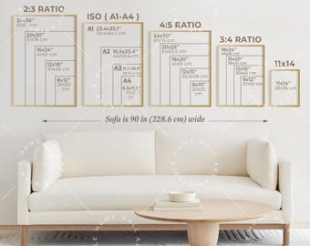 Può includere: Una guida alle dimensioni delle opere d'arte mostra cornici rettangolari, tra cui 61x91cm, 51x76cm e 41x61cm. La guida mostra anche ISO (A1-A4) e rapporti 4:5, 3:4 e 28x36cm. Il testo indica che un divano è largo 228,6 cm.