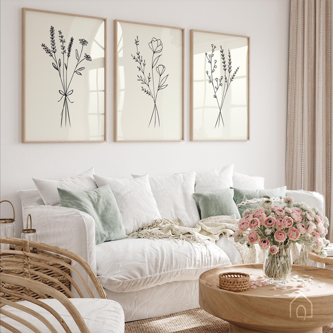 Minimalist Botanical Line Art Print Set of 3 Modern Wildflower Wall Art ...