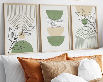 Set mit 3 Boho-Kunstdrucken in Salbeigrün, Mid-Century-Modern-Blattmotiv (Digitaler Download)