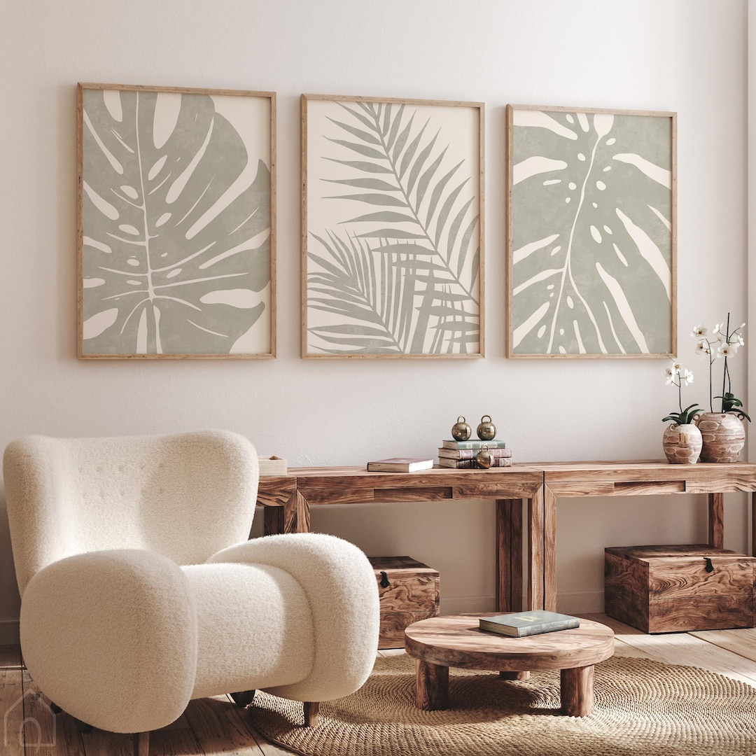 Sage Green Botanical Wall Art Set of 3, Monstera Palm Leaf Prints ...