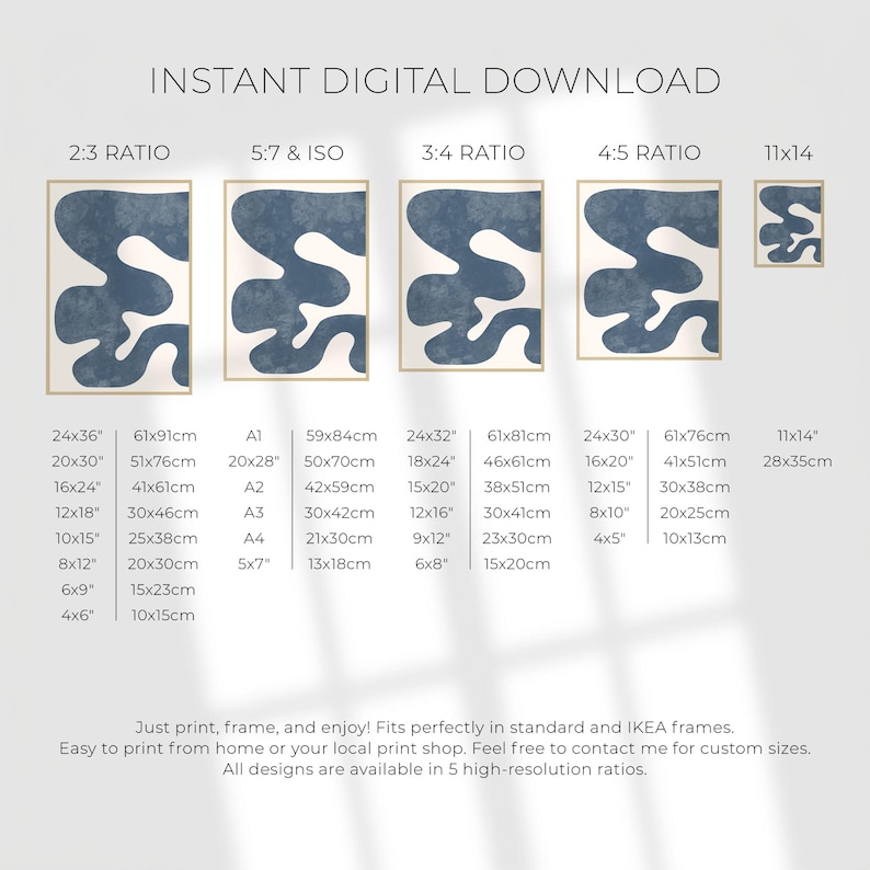 Wall art size guide and ratio chart for digital prints, showing aspect ratios for 2:3 (24x36"), 3:4 (18x24"), 4:5 (16x20"), International ISO (A1-A4), and 11x14 sizes.