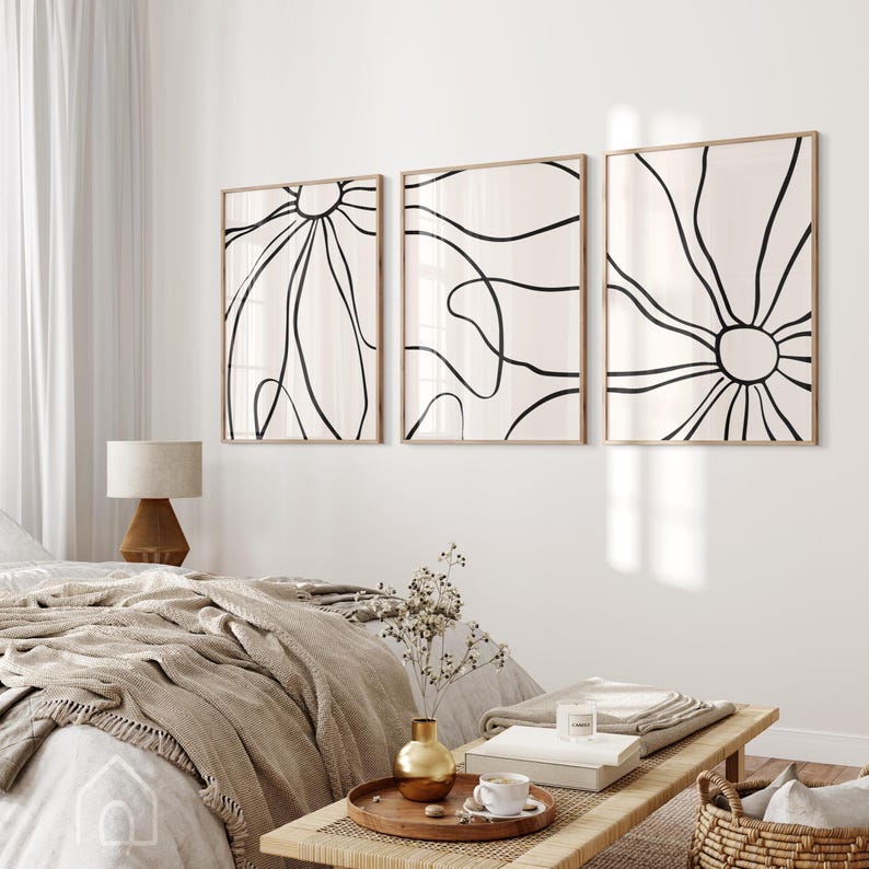 Set of 3 Floral Line Art, Minimalist Daisy Flower Drawing, Neutral Boho ...