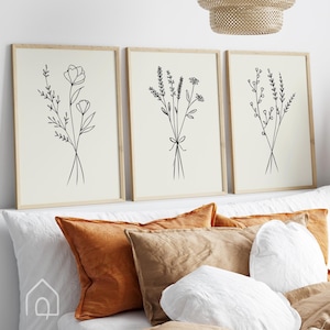 Minimalistische botanische Linie Kunst 3er-Set, Wildblumen Wandkunst Drucke, Neutral Japandi Schlafzimmer Dekor, Boho Blumen digitaler Download