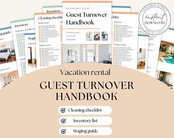Puede incluir: Un manual de rotación de huéspedes para alquileres vacacionales imprimible con listas de verificación para la limpieza, el inventario y la puesta en escena. El manual incluye una página de título con las palabras "Guest Turnover Handbook" y una lista de verificación con las palabras "Cleaning checklist", "Inventory list" y "Staging guide".