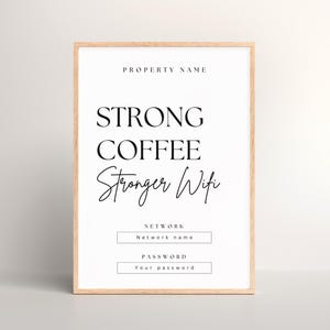 May include: A printable sign with the text "Strong Coffee Stronger Wifi" and spaces for the network name and password. The sign has a light wood frame.