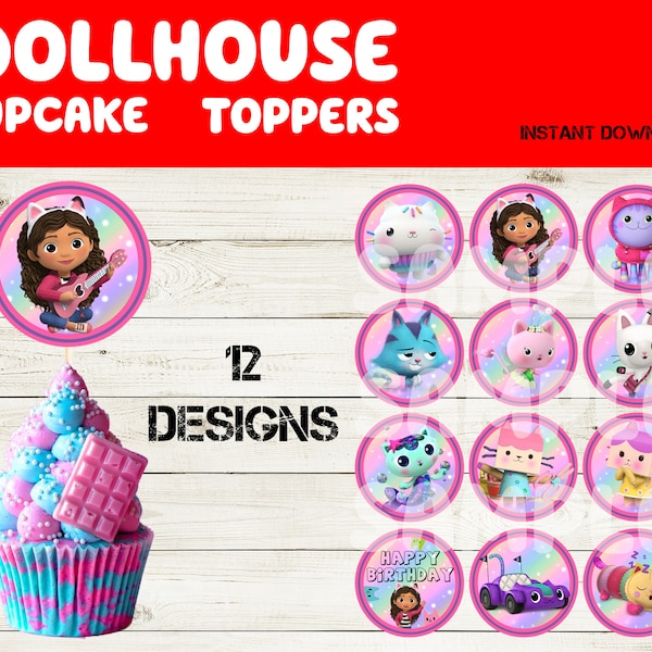 Décoration pour cupcakes maison de poupée chat - décoration de fête imprimable Gabbys - fournitures de fête d'anniversaire imprimables pour maison de poupée