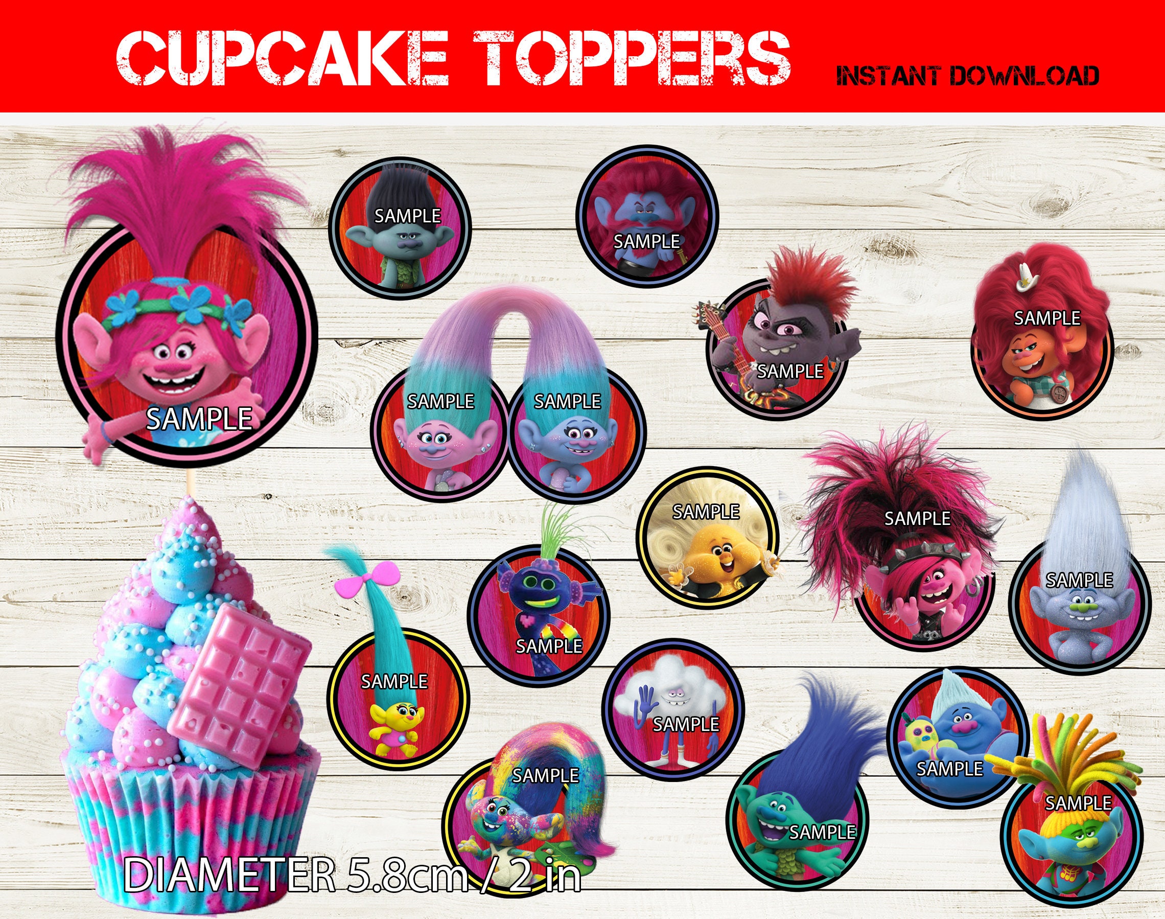 Trolls Inspired Cupcake Toppers Printable Trolls Decor Etsy