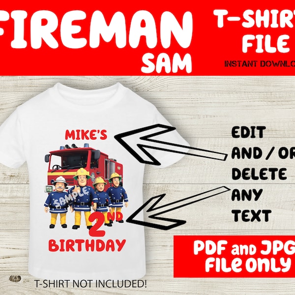 Personalisierte Feuerwehrmann Aufbügeln - Feuer Sam Geburtstag T-Shirt Aufbügeln - Digital Download Datei nur - Feuerwehrmann druckbare T-Shirt-Design