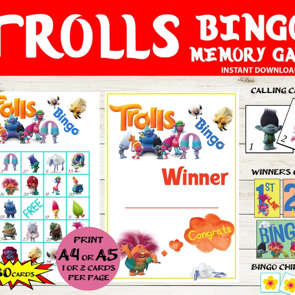 30 card Trolls Bingo & Memory game - Trolls World Tour Bingo 5x5 - Printable Trolls games - Trolls Party Games - Trolls Birthday Favors