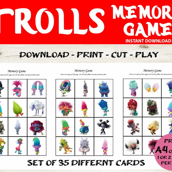 Trolls Memory game - Trolls World Tour Memory Game - Printable Trolls game - Trolls Party Game - Trolls Birthday Favor- Trolls Matching game