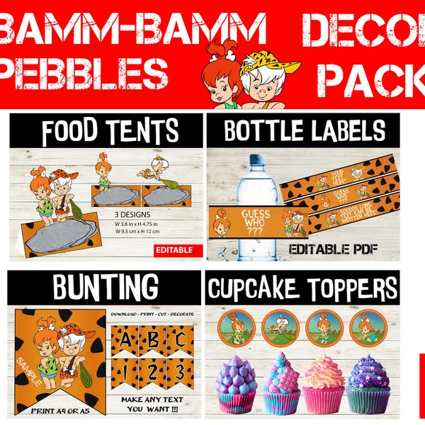 Pebbles Bam Bam Party Supply - Flinstones Party Decor Pack - 4 Best selling Pebbles Bam Bam Baby shower printable decor -Flinstones birthday