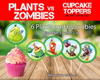 2" Round Plants vs Zombies Cupcake Toppers - Printable Zombie Party Decor - Plant vs Zombies Birthday decor - Zombie Birthday cupcake topper